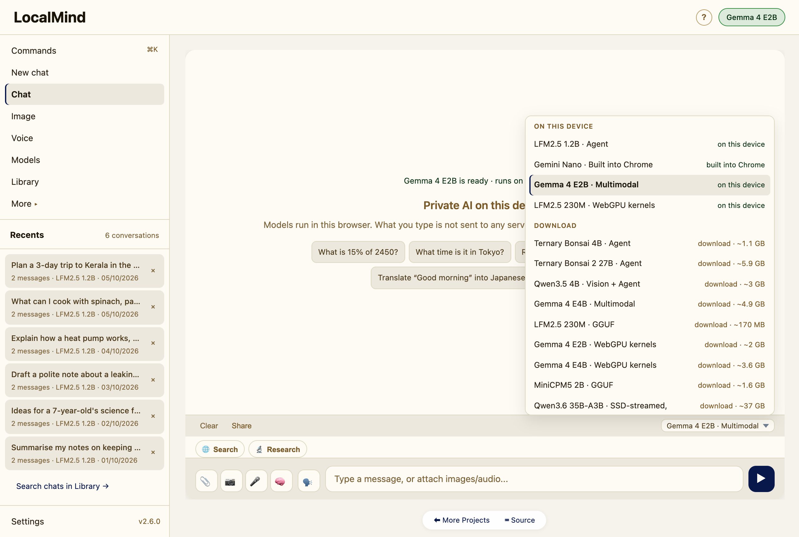 The model picker open, grouped into On this device and Download