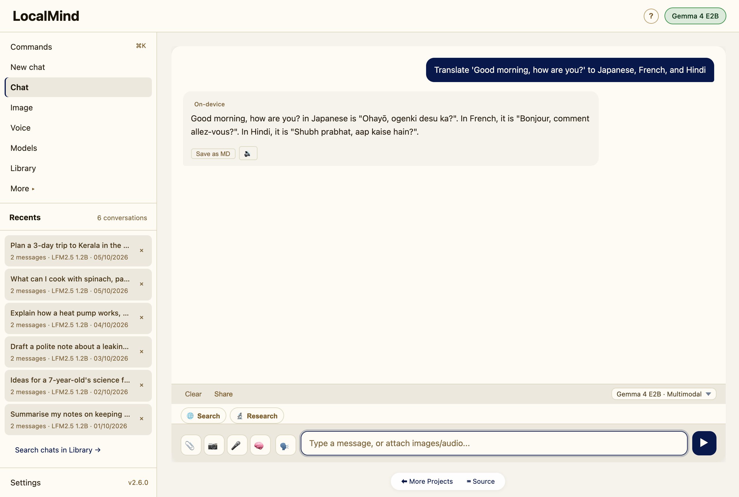 Gemma 4 E2B answering a translation request, tagged On-device