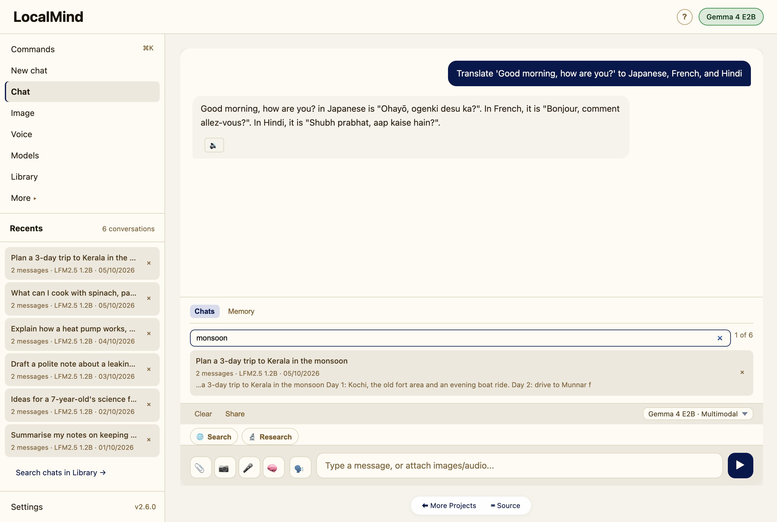 Library Chats tab with the search monsoon matching one saved chat